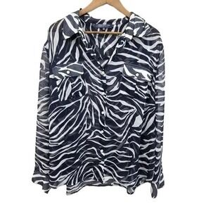 Jones New York Zebra Print Button-Up Blouse Womens 3X Blue Sheer Long Sleeve Top